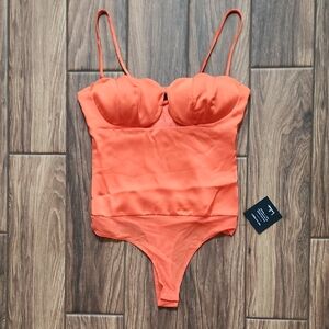 Lulu's Coral-Orange Spaghetti Strap Bustier Bodysuit